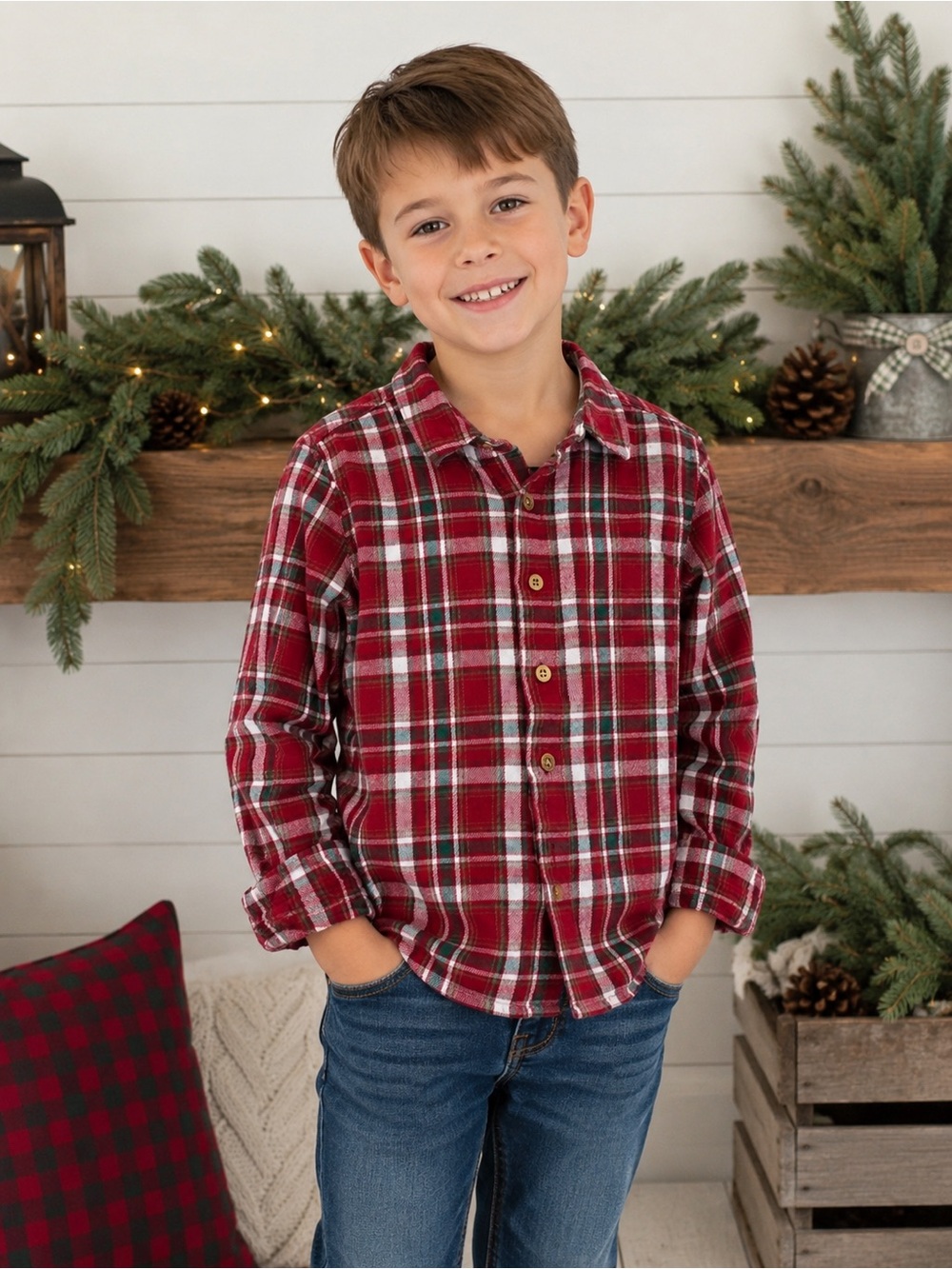 Tommy Bahama Boys Plaid Flannel Shirt Red Green Long Sleeve Button Down 5T